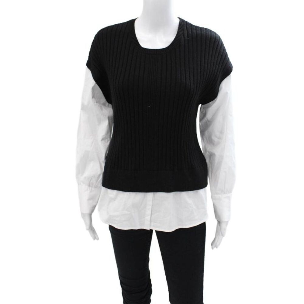 T Tahari Womens Crew Neck Faux Layered Shirt Accent Sweater Black Size M